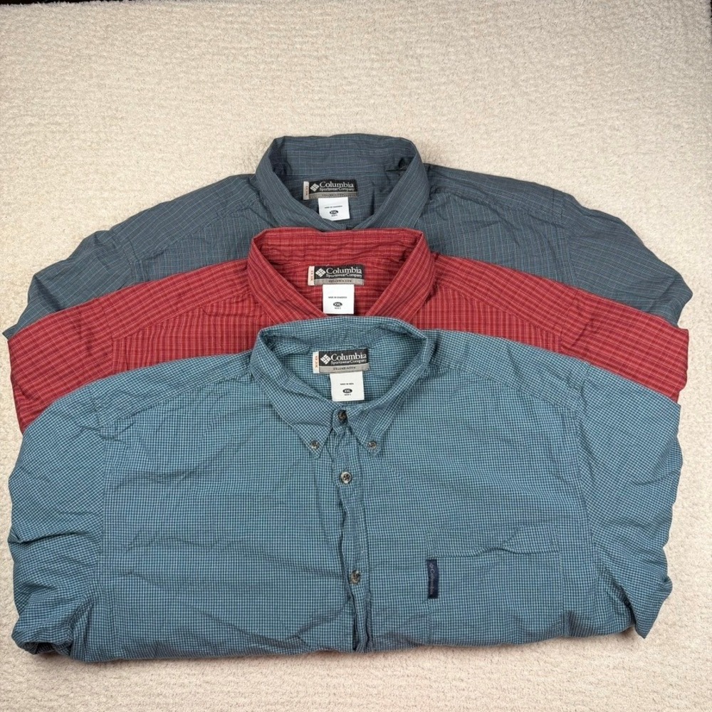 Columbia Mens XXL Lot of 3 Short Sleeve Button Down Shirt Plaid Micro Check Teal